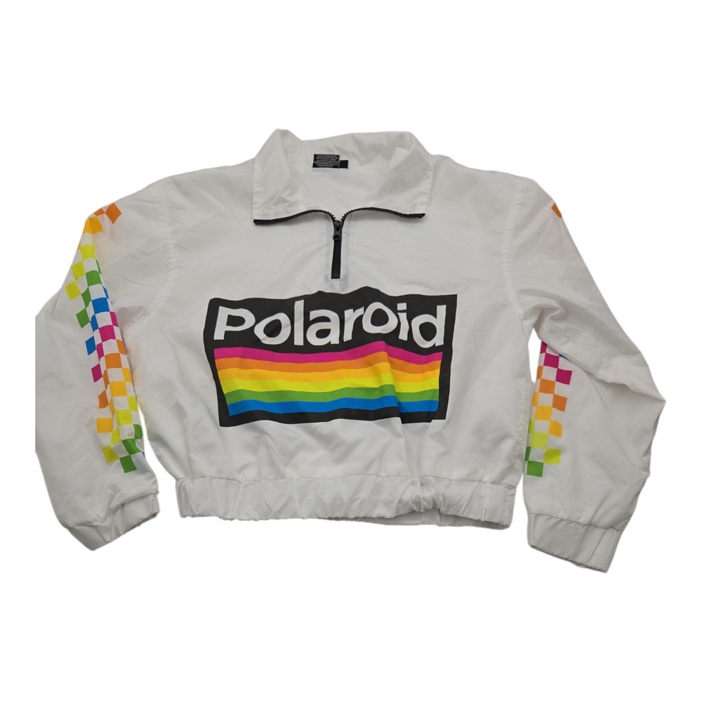Polaroid White Rainbow Checkered Windbreaker Jacket Womens Size‎ S Retro Y2K